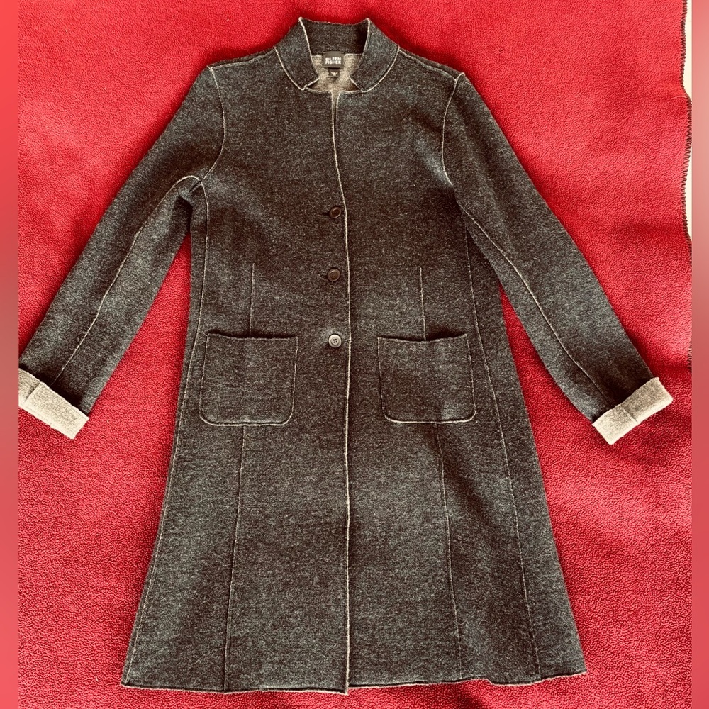 Eileen Fisher Charcoal Grey XS Lightweight Long Blazer Coat Jacket Sweater